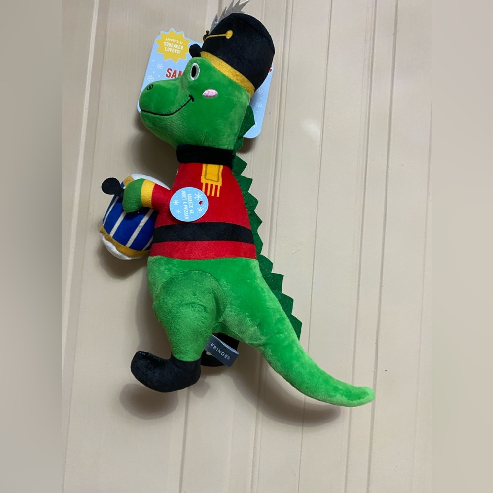 - - Fringe Dog Toy Dinosaur Little Drummer Rex Santa’s Pet Sho 15” With Squeaker